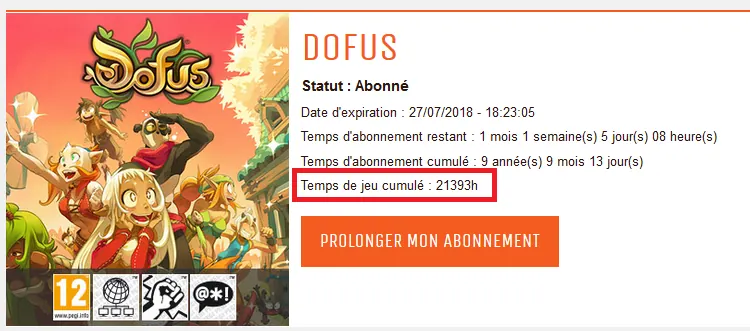 Temps de jeu cumulé dofus